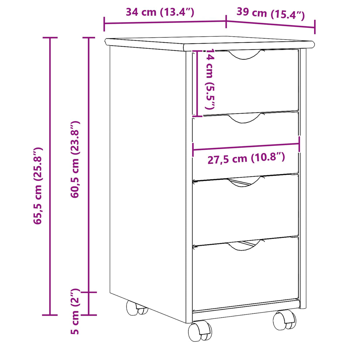 Mobilni ormar Bijelo 34 x 39 x 65,5 cm Čvrsto borovo drvo