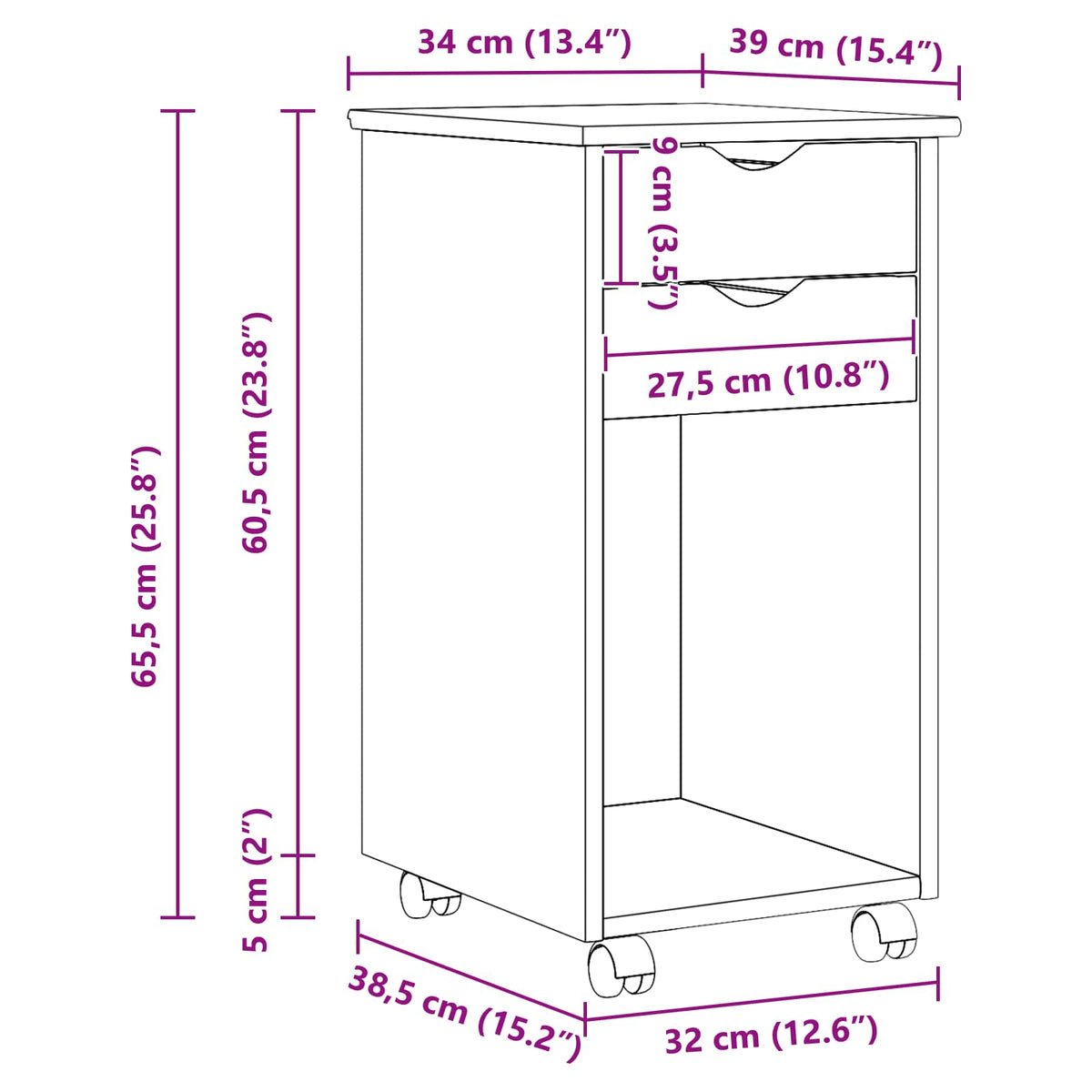 Mobilni ormar s kotačem Crna 34 x 39 x 65,5 cm Masivna borovina