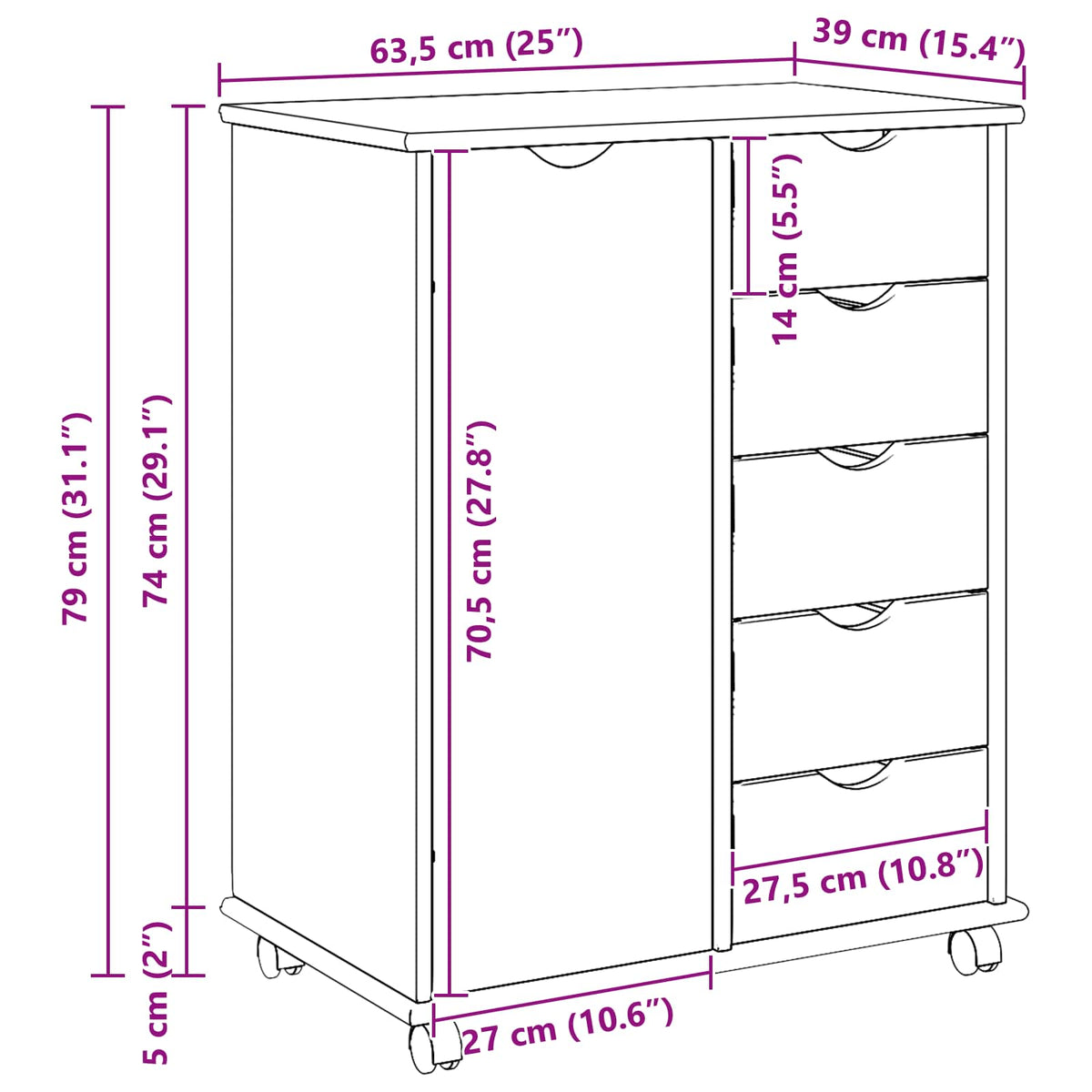 Mobilni ormar Crna 63,5 x 39 x 79 cm Čvrsto borovo drvo