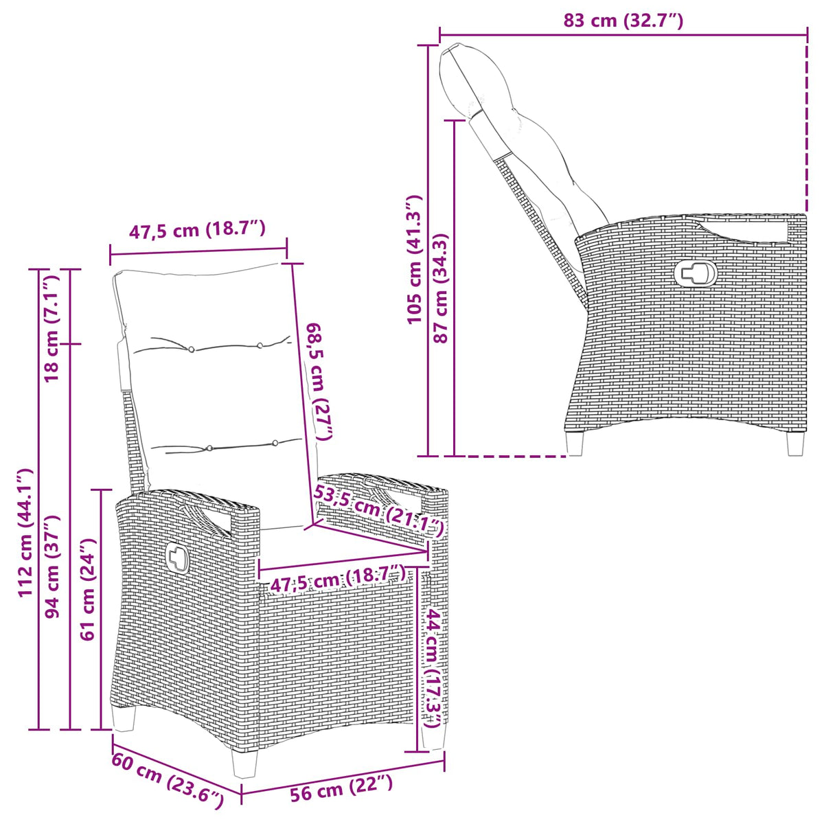 Vrtna stolica 2 pcs Crna 56 x 64 x 94 cm Čelik i poliester