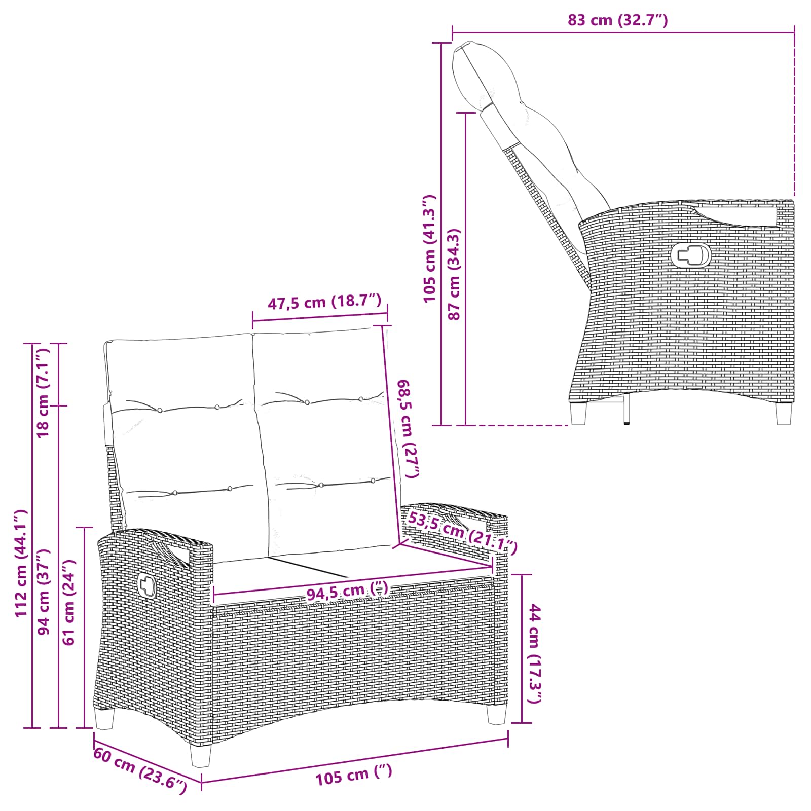 Vrtna klupa s jastukom Crna 105 x 60 x 112 cm Čelik i poliester