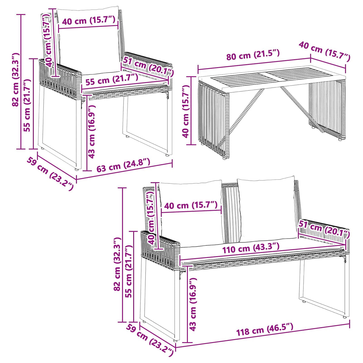 Set vanjskog namještaja 4 pcs Crna i krem-bijela poliratan