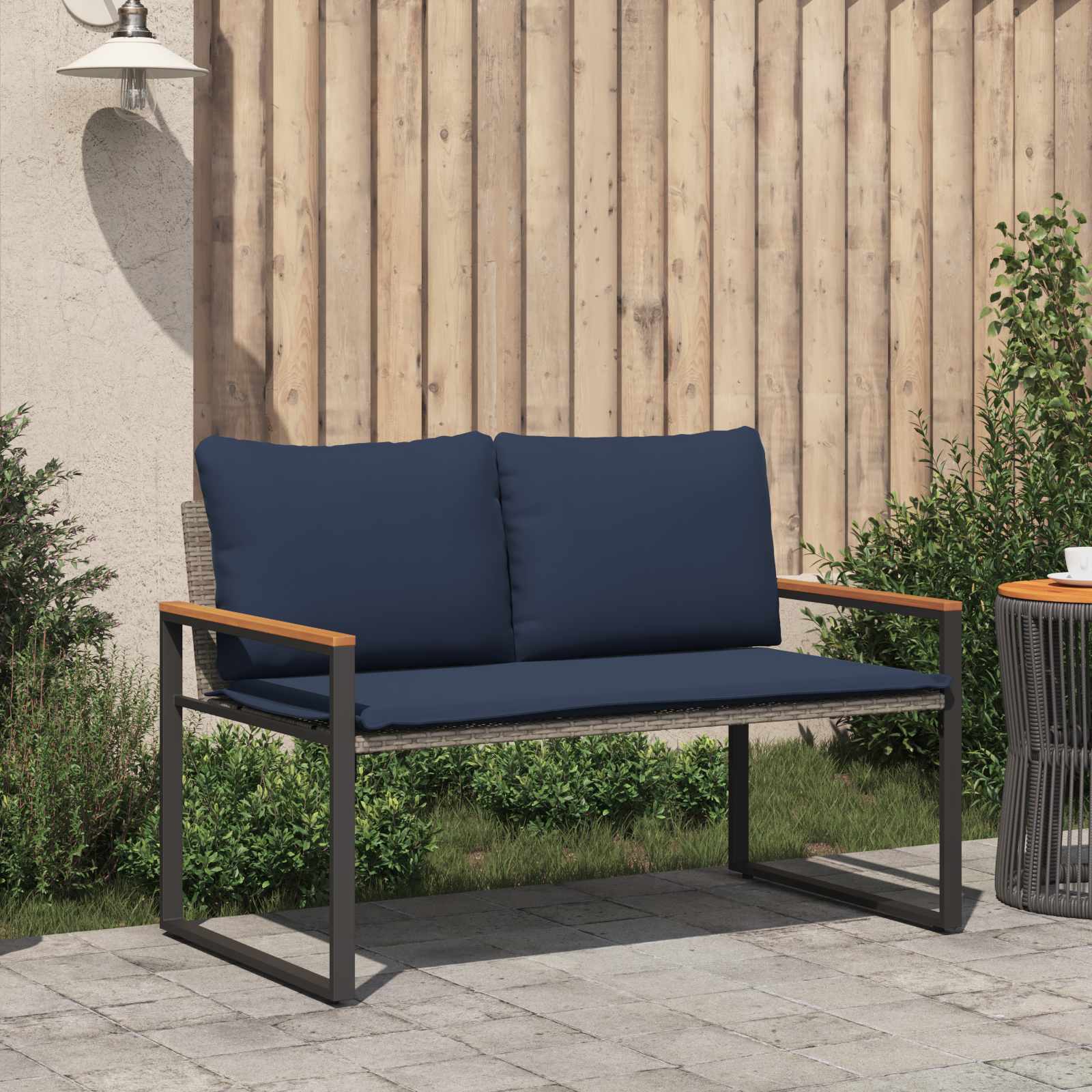 klupa s jastukom Siva i tamnoplava 115 x 65 x 72 cm Ratan