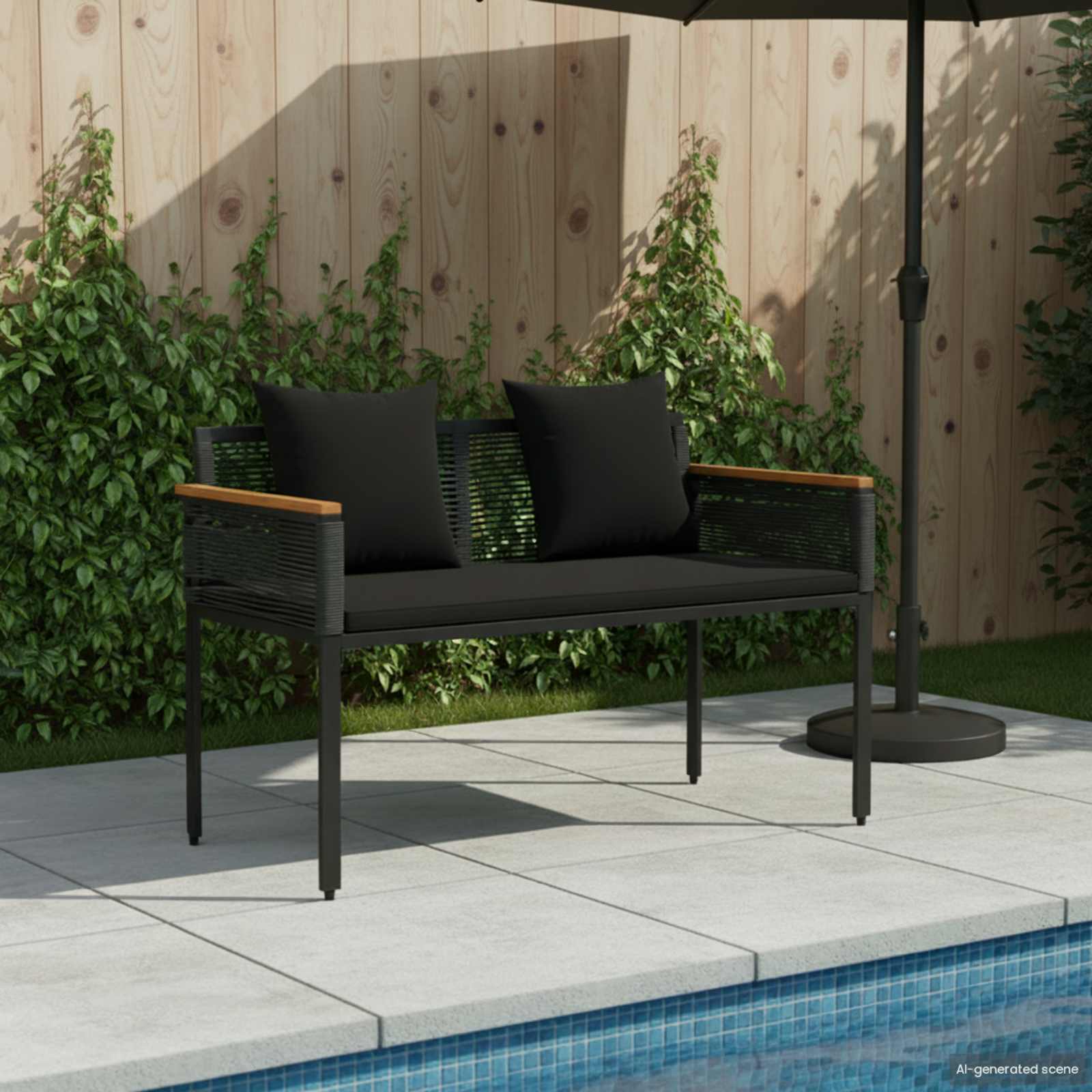Vanjska klupa s jastukom Crna 117 x 54 x 74.5 cm poliratan