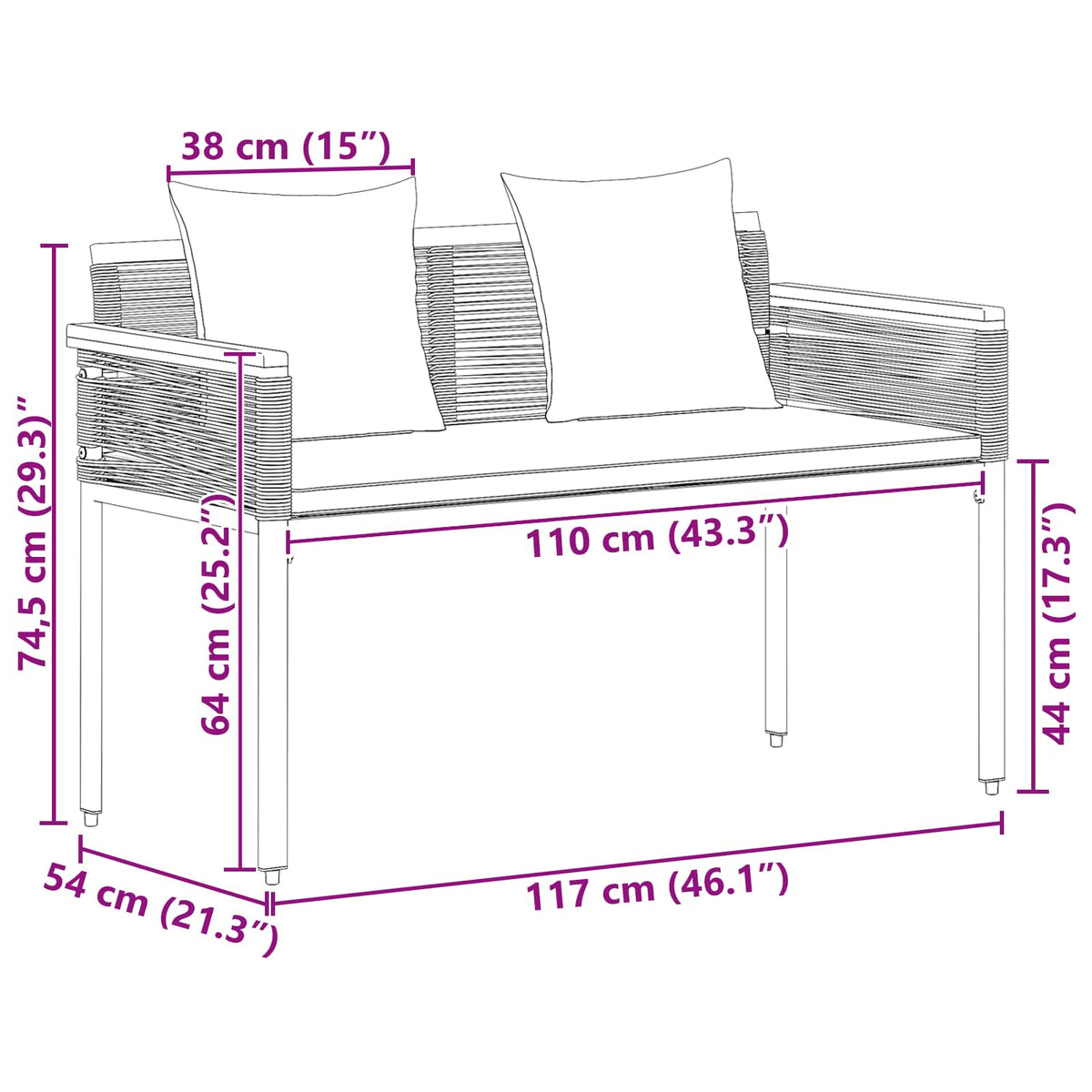 Vanjska klupa s jastukom Crna 117 x 54 x 74.5 cm poliratan