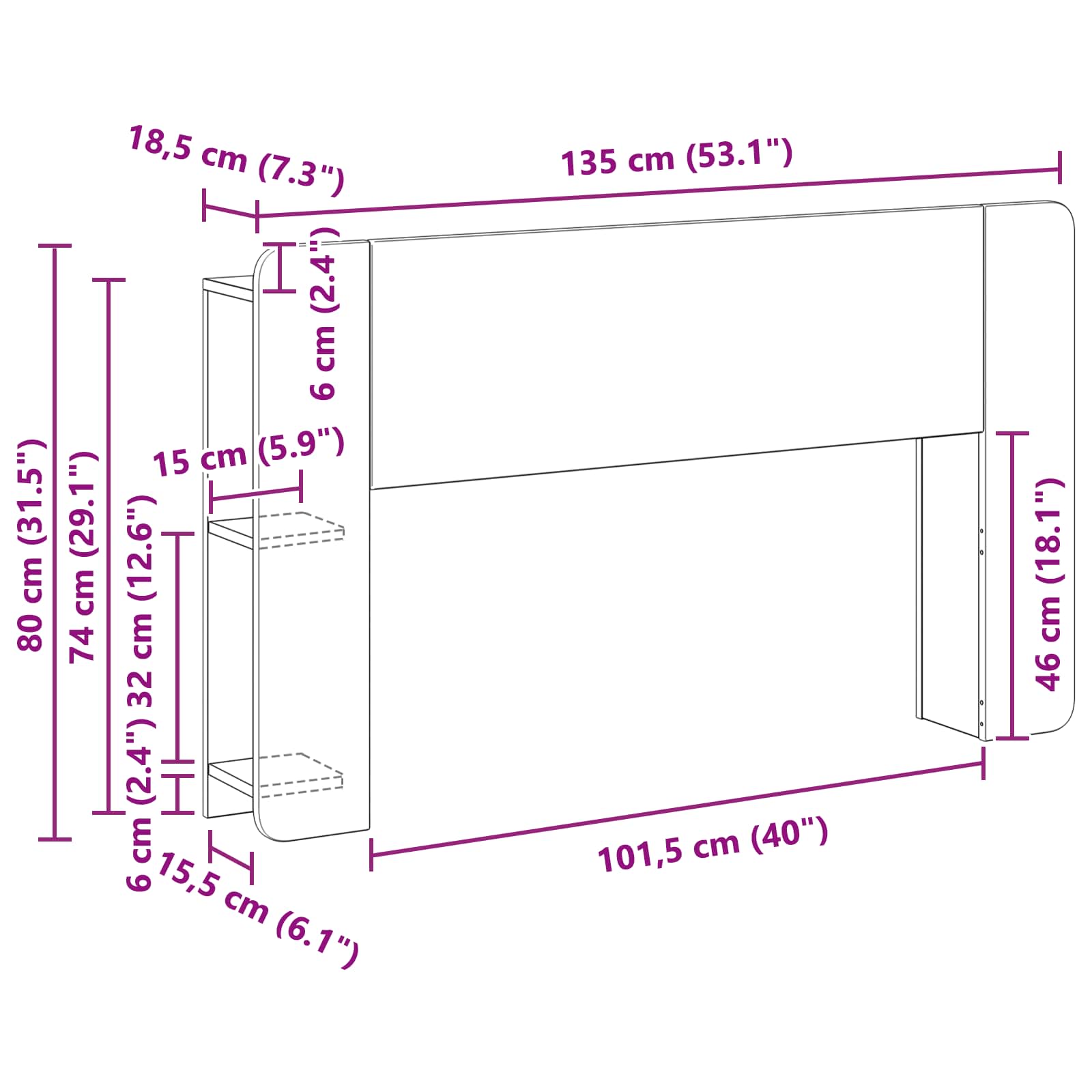 Glava kreveta s ormarićem s pohranom Crna 135 x 18,5 x 80 cm