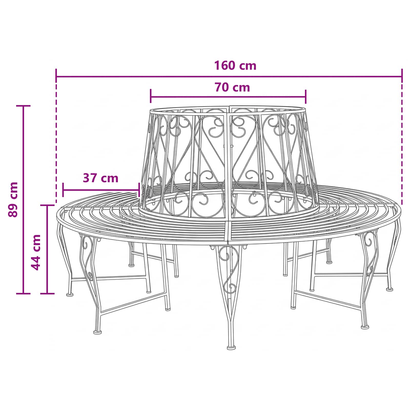 Klupa pod drvetom Ø 160 x 89 cm Čelik Crna Kružni