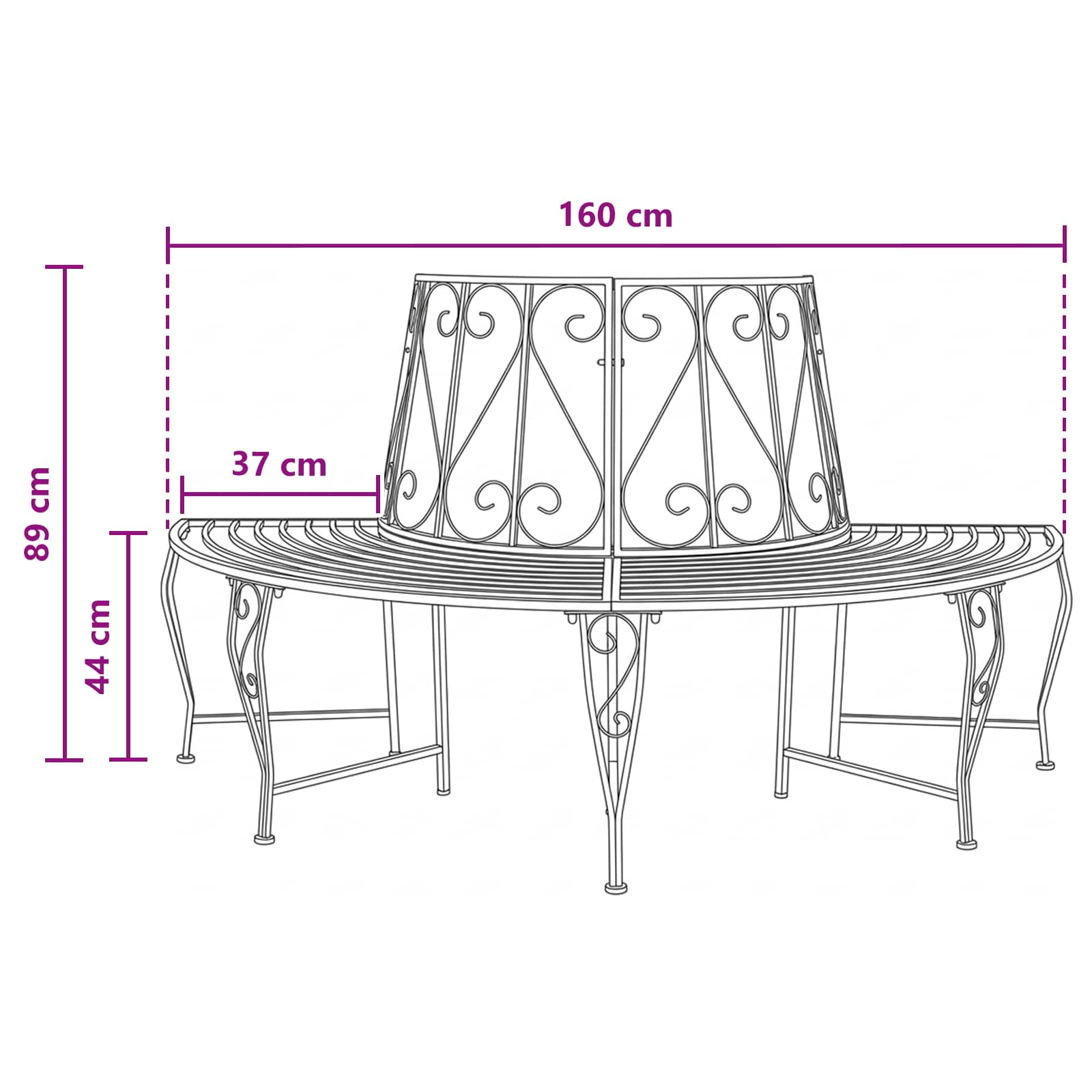 Klupa pod drvetom 4-Broj sjedala 160 x 80 x 89 cm Čelik Crna