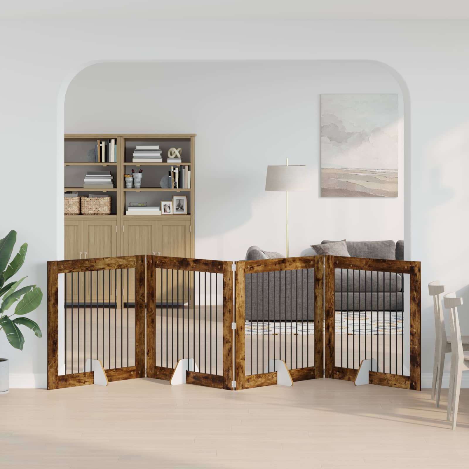 Vrata za pse s postoljem 4 pcs Dimljeni hrast 100 x 100 cm