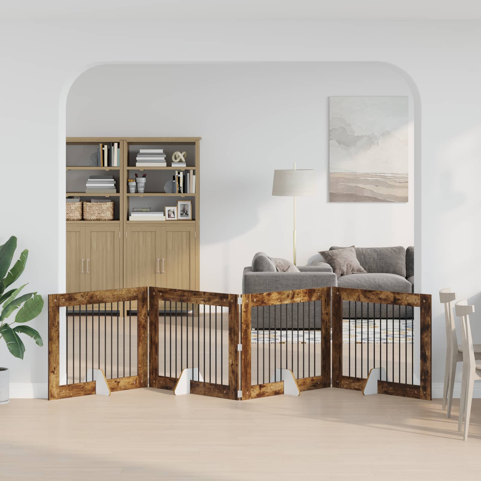 Vrata za pse s postoljem 4 pcs Dimljeni hrast 100 x 80 cm