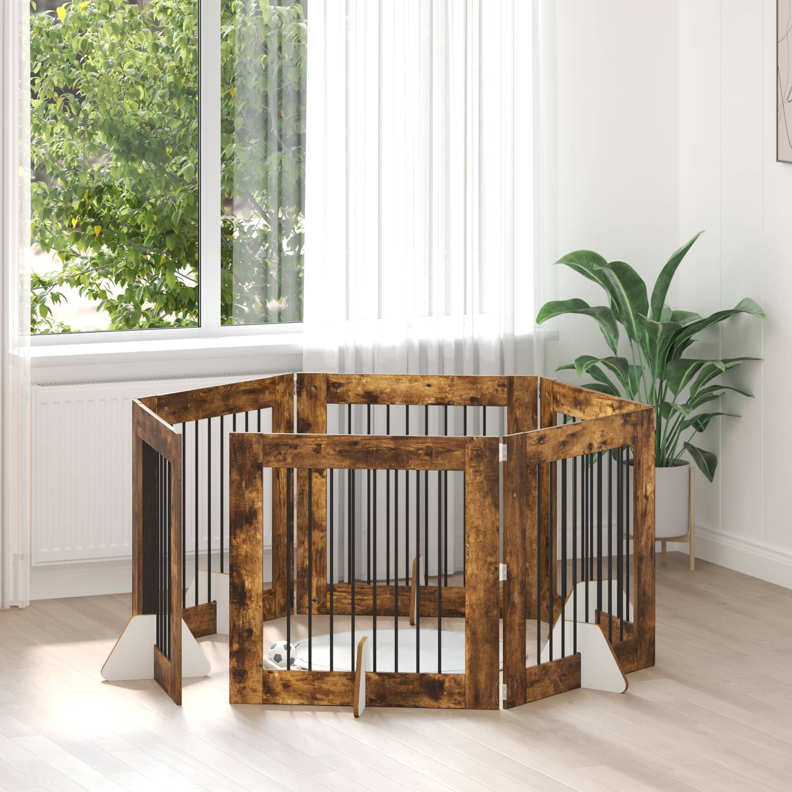 Vrata za pse s postoljem 6 pcs Dimljeni hrast 80 x 80 cm