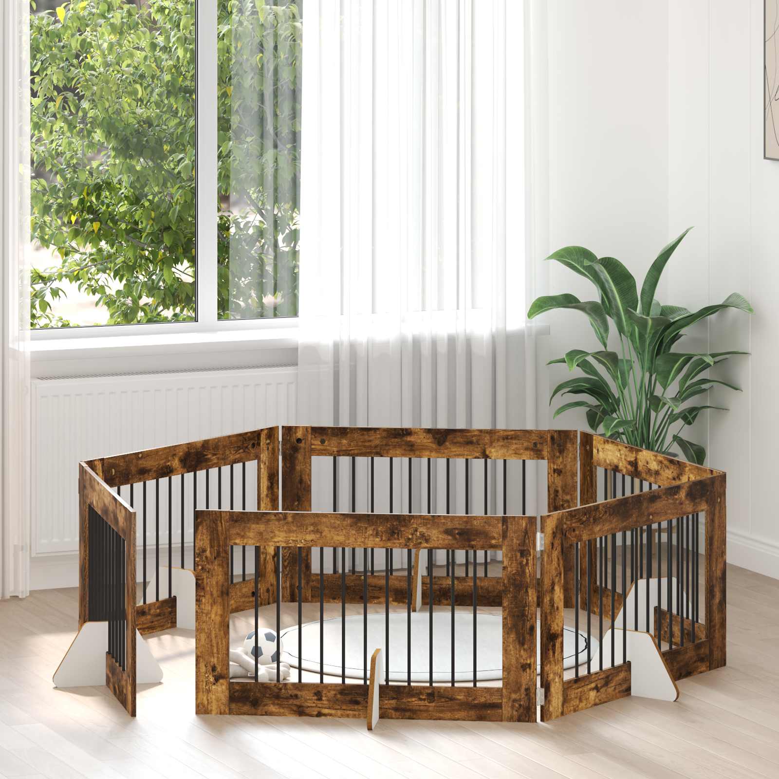Vrata za pse s postoljem 6 pcs Dimljeni hrast 100 x 60 cm
