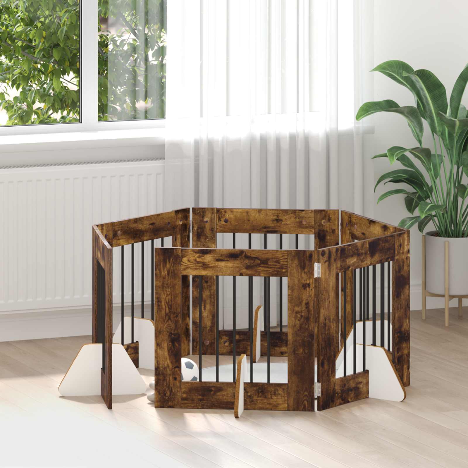 Vrata za pse s postoljem 6 pcs Dimljeni hrast 60 x 60 cm