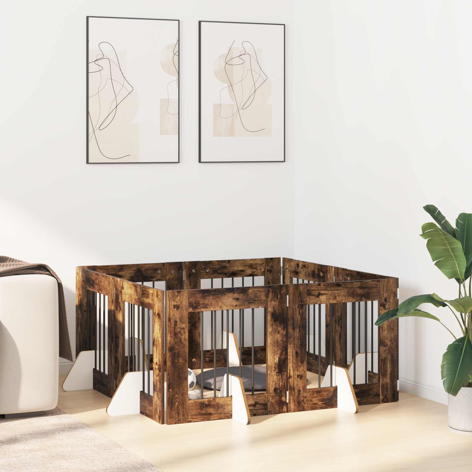 Vrata za pse s postoljem 8 pcs Dimljeni hrast 60 x 60 cm