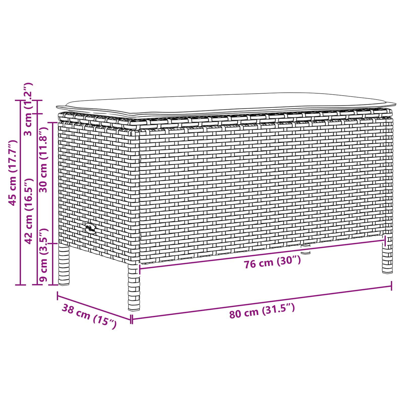 Vrtni otoman s jastukom Crna 80 x 38 x 45 cm PE ratan