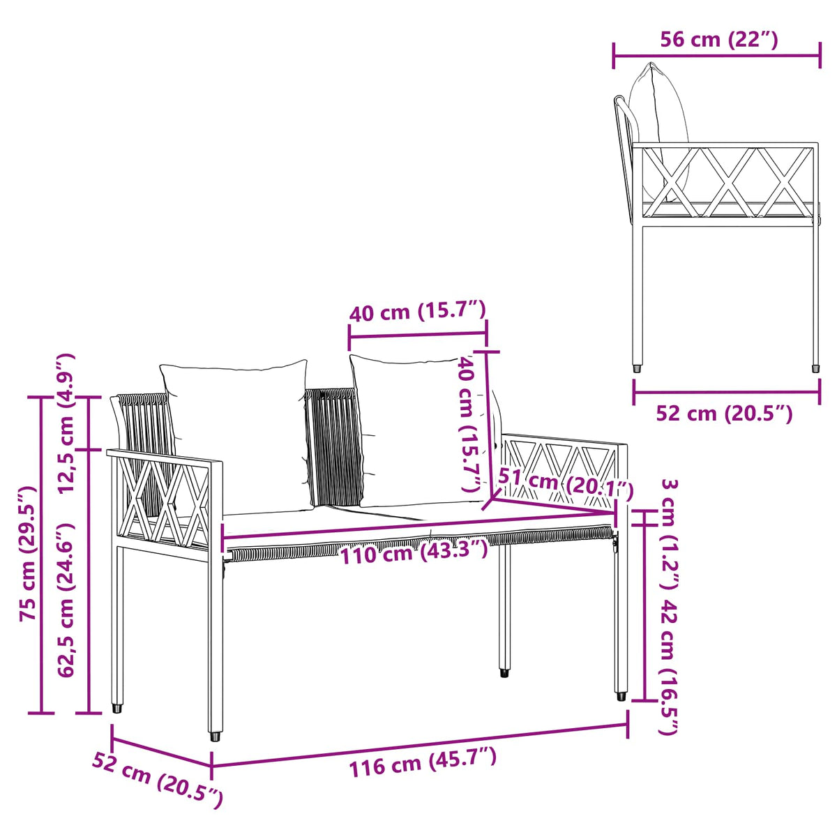 Vanjske klupe 2 -Seater 116 x 56 x 75 cm poliratan