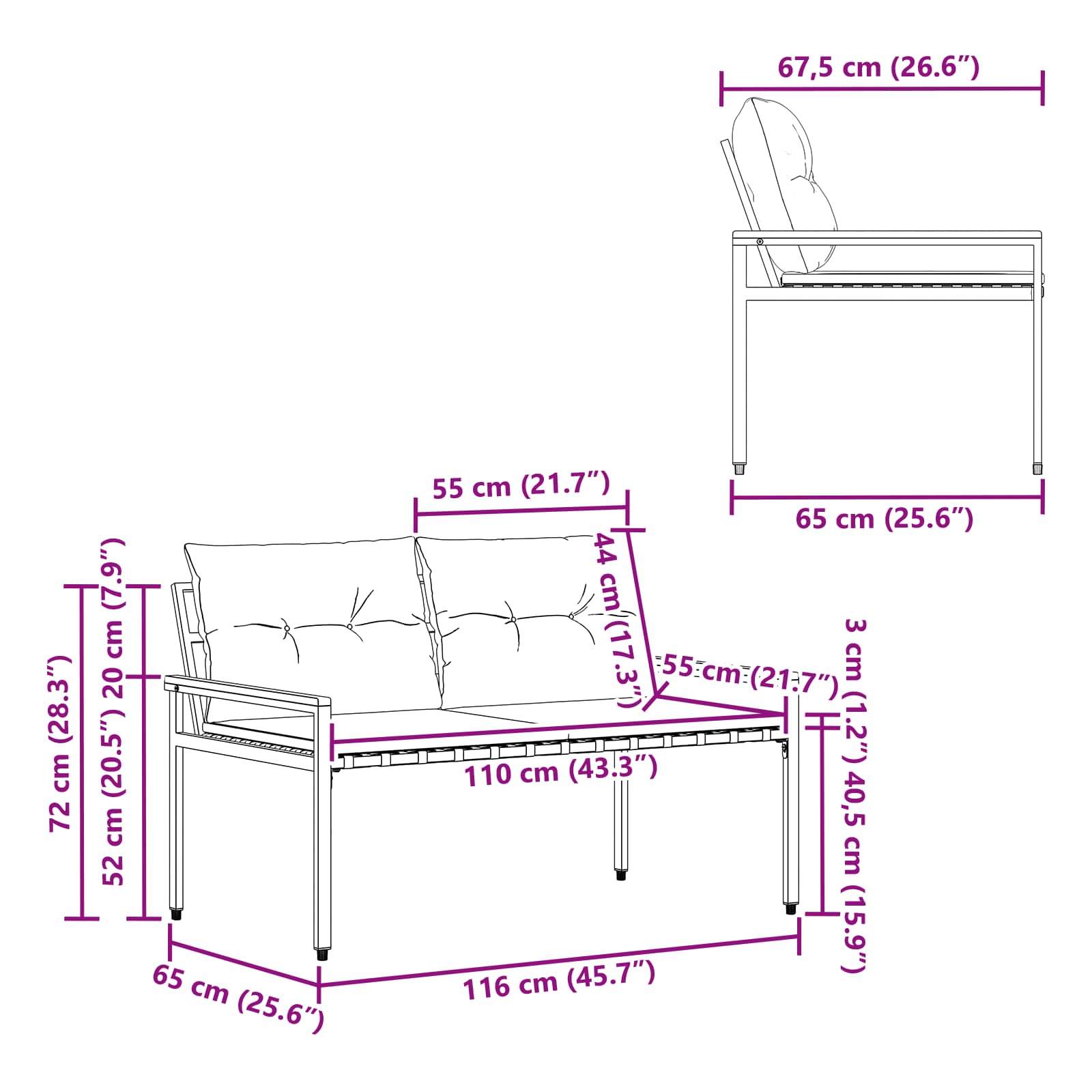 Vanjska klupa 2 -Seater 116 x 67,5 x 72 cm poliratan