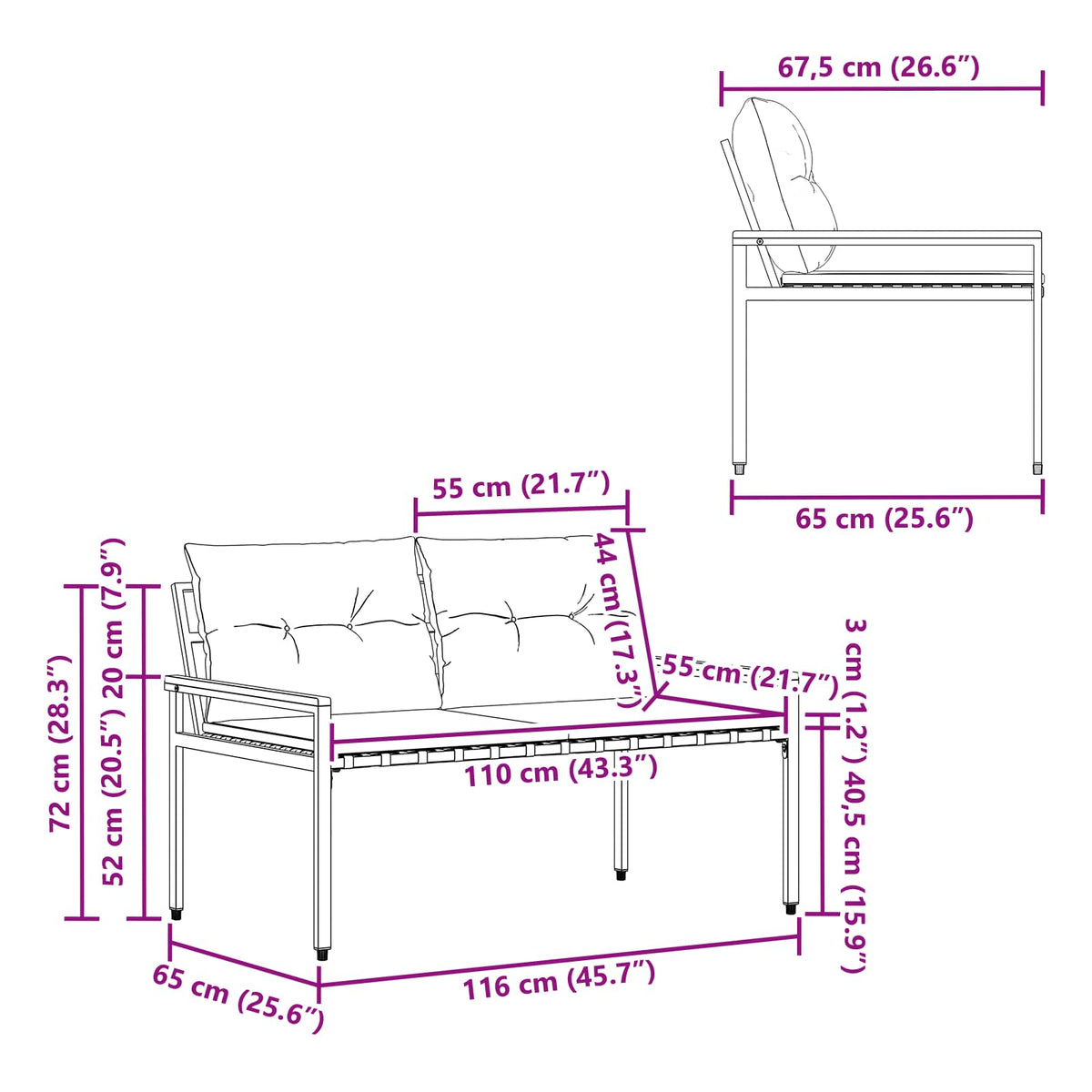 Vanjska klupa 2 -Seater 116 x 67,5 x 72 cm poliratan Tamnosiva