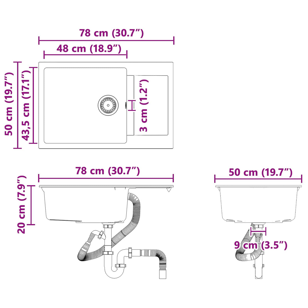 Umivaonik Siva 780 x 500 mm 80% kvarc i 20% smola