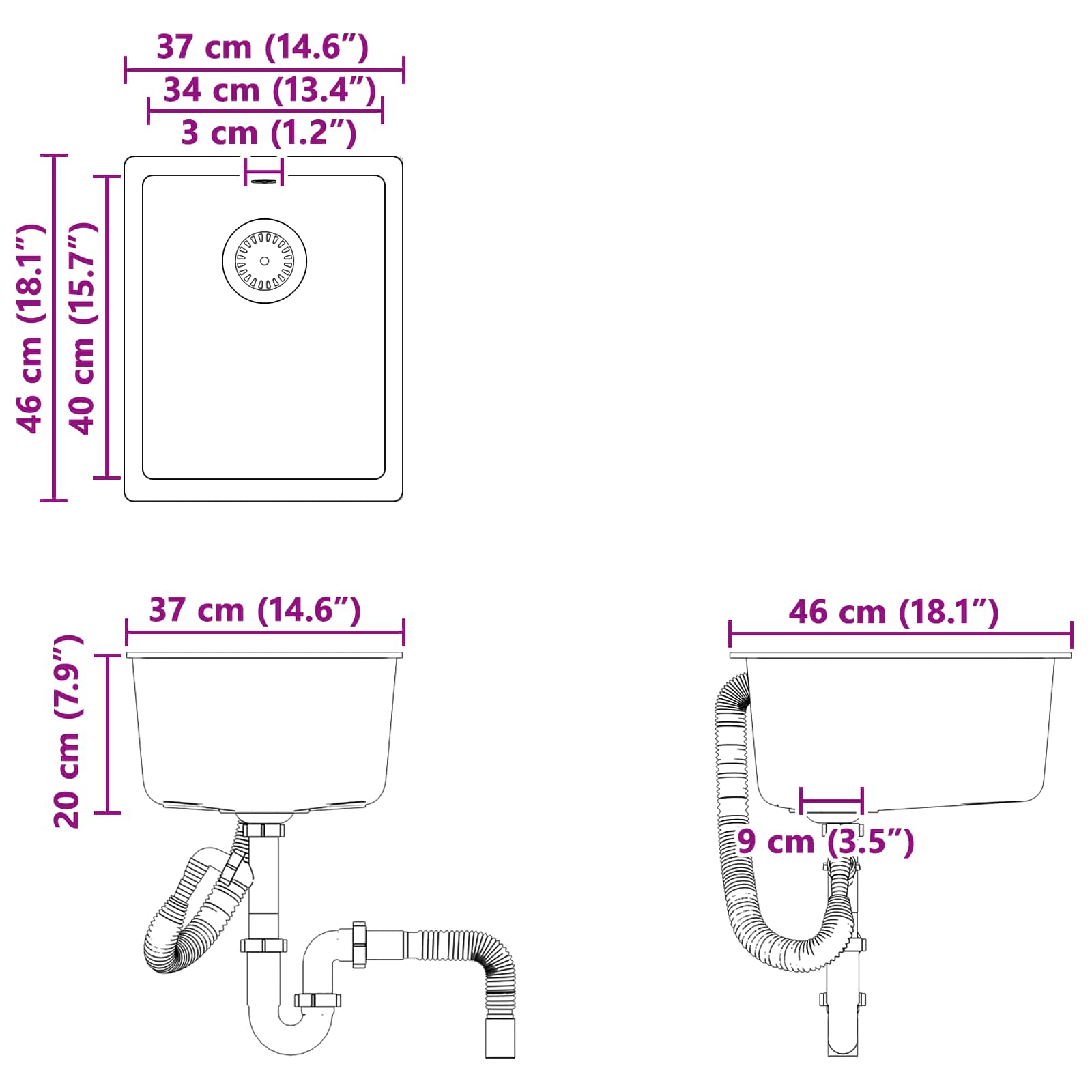 Umivaonik Crna 370 x 460 mm 80% kvarc i 20% smola