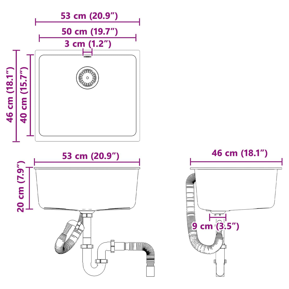 Umivaonik Crna 530 x 460 mm 80% kvarc i 20% smola