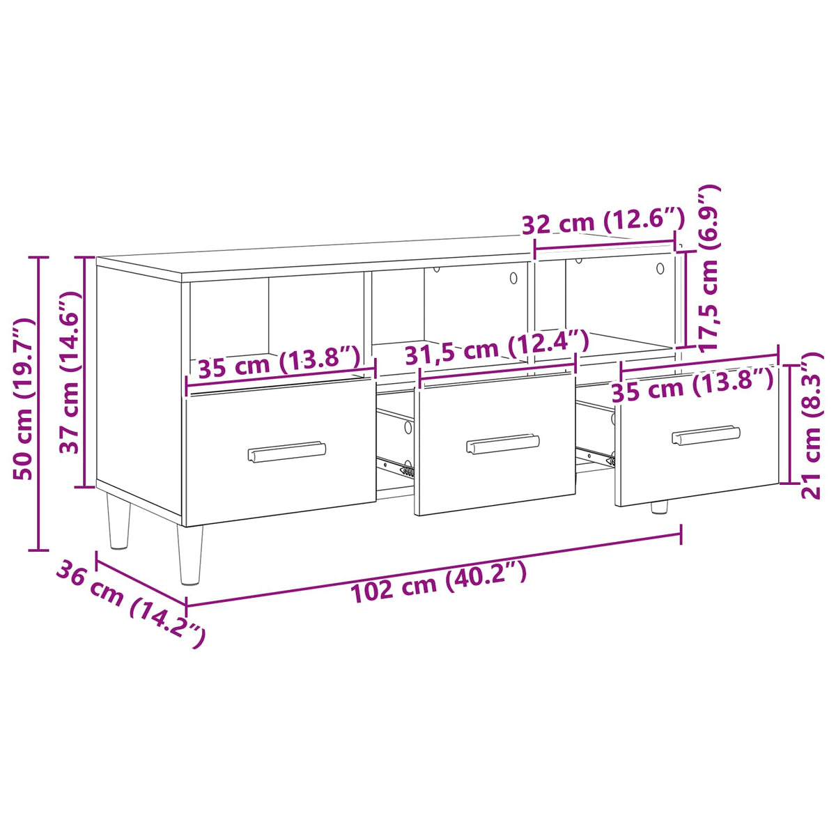 TV ormar s ladicama Umjetnička hrastovina 102 x 36 x 50 cm