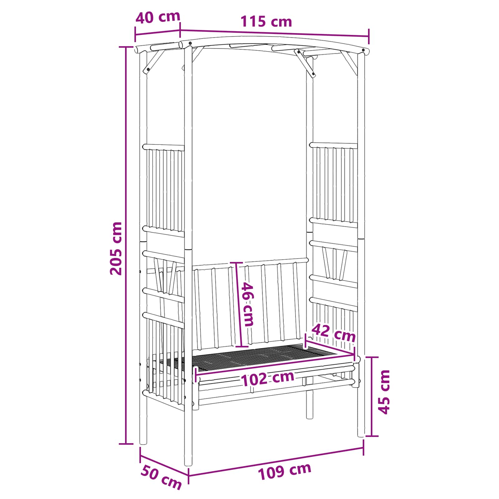 Vrtni luk s klupom Prirodna 115 x 50 x 205 cm Bambus