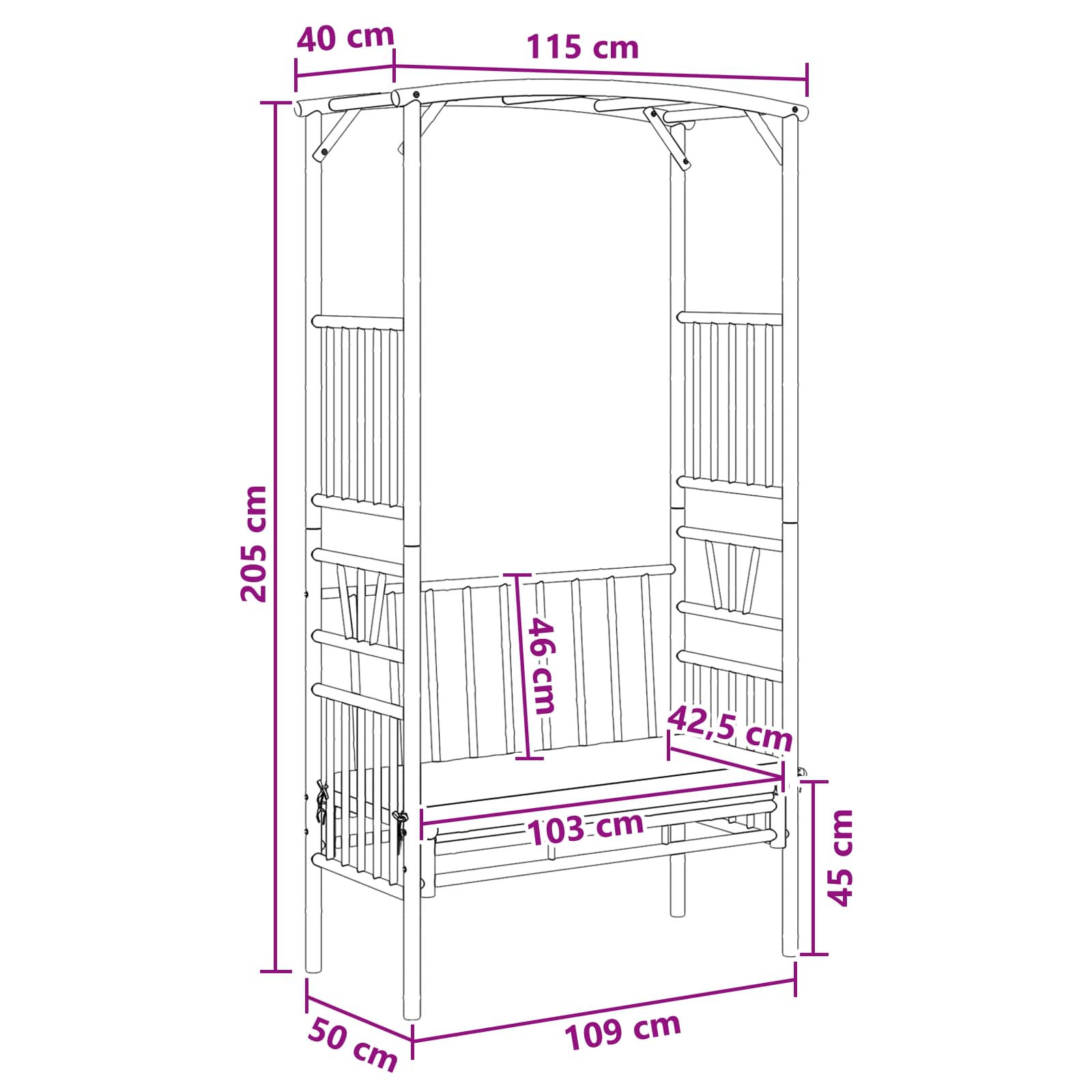 Vrtni luk s klupom Tamnosiva 115 x 50 x 205 cm Bambus