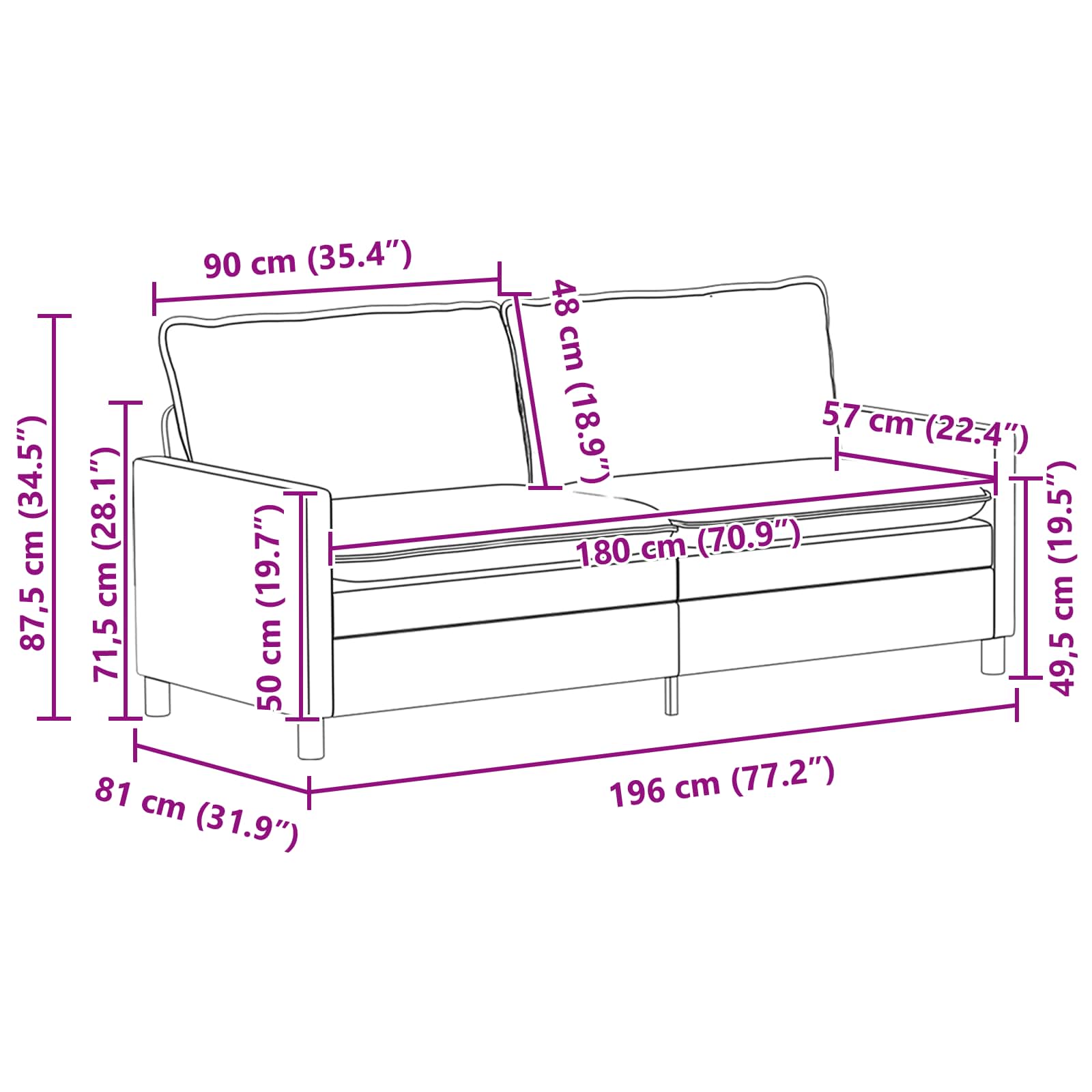 Sofa Svjetlosiva 196 x 81 x 87,5 cm Baršun