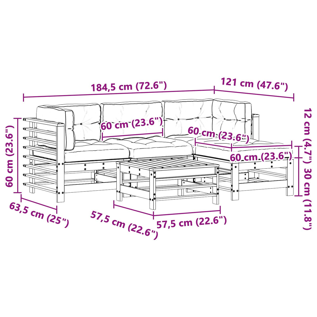Set lounge namještaja za vrt 5 kom. Voštanosmeđa 184,5 x 121 x 60 cm