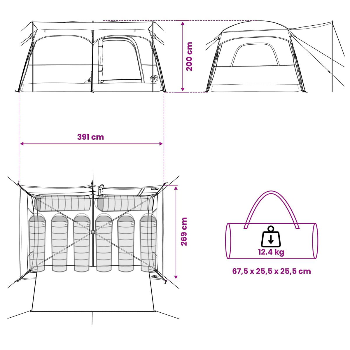 Obiteljski šator s krovom Zelena 380 x 260 x 190 cm Poliester