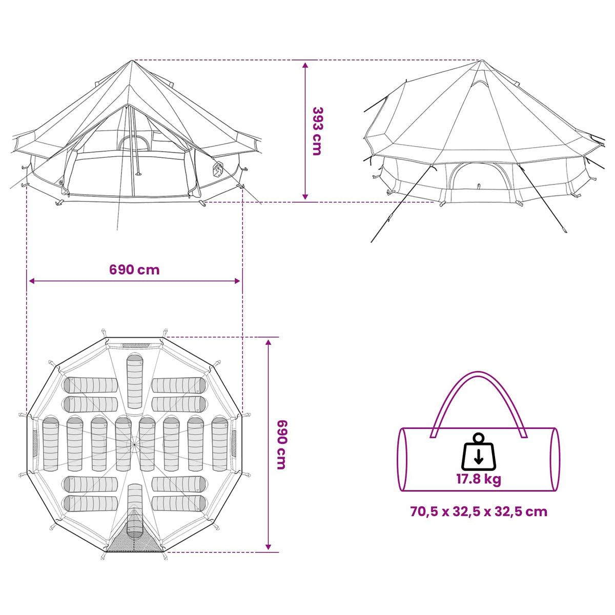 Tipi šator s krovom Maslinasto zelena 700 x 700 x 395 cm