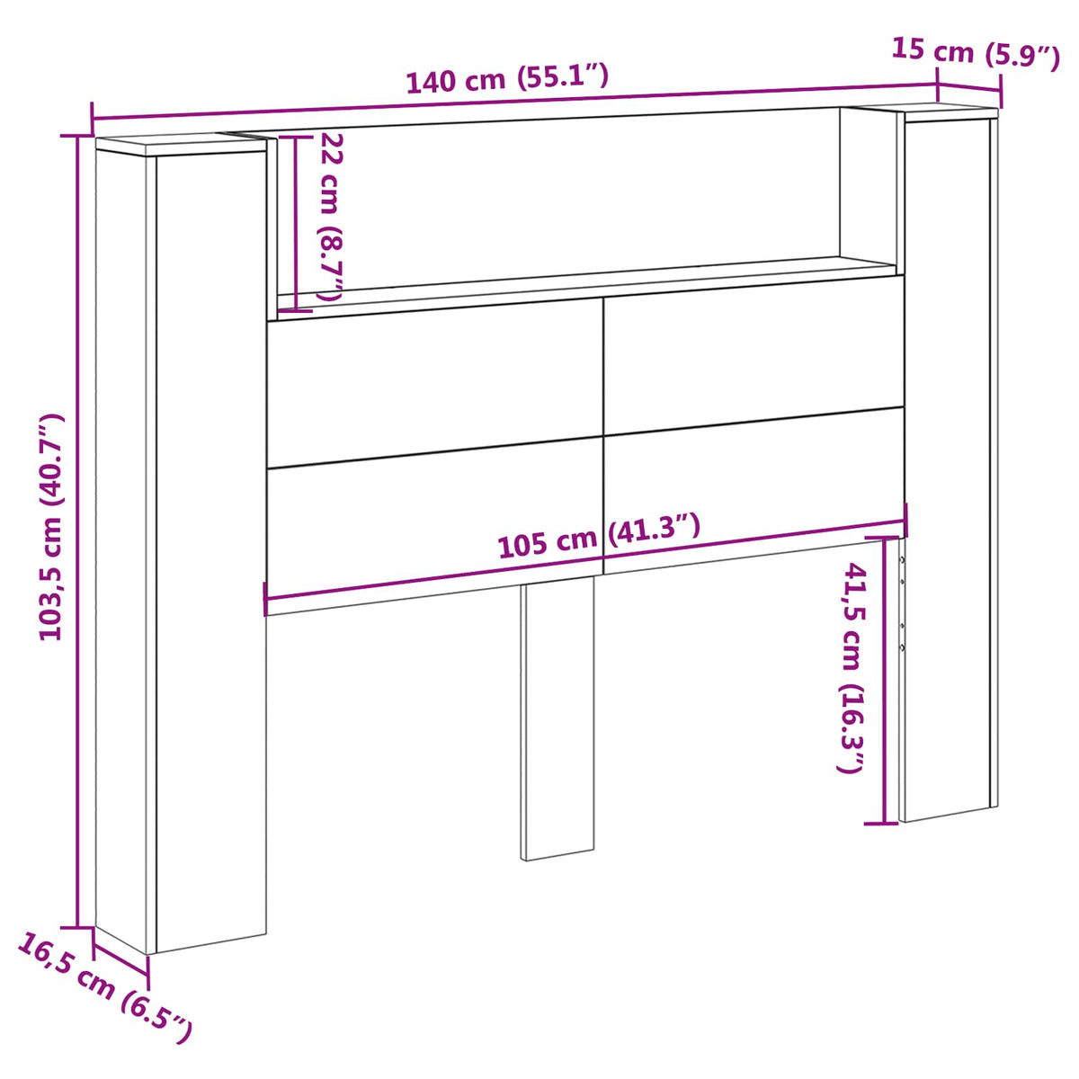 Krevetna ploča s LED-om s policom Beton 140 x 16,5 x 103,5 cm