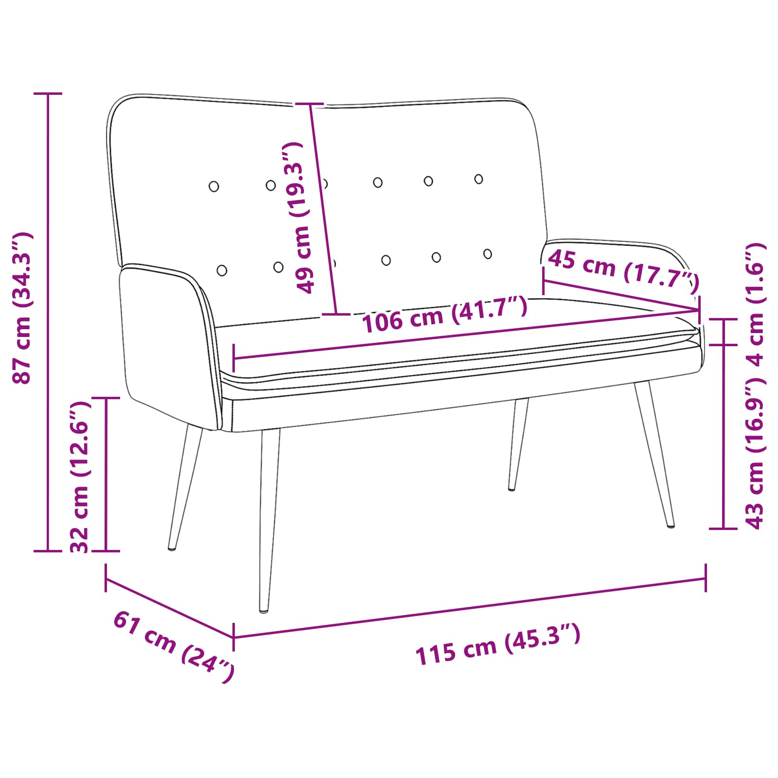 Sofa za dvije osobe Ružičasta 115 x 61 x 87 cm tkanina