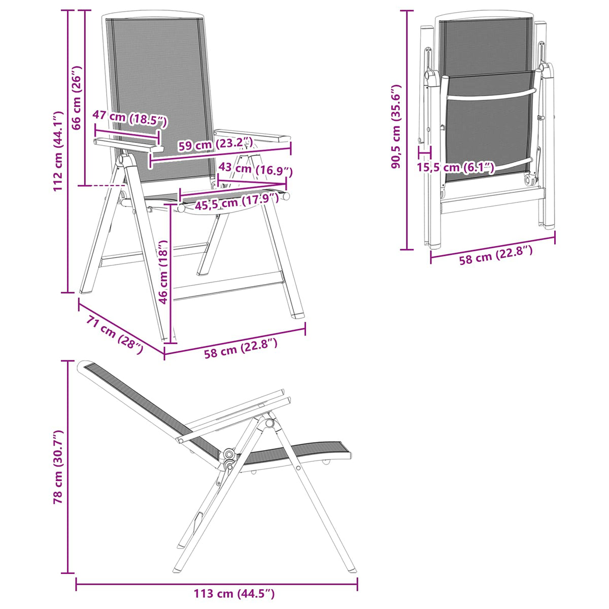 Ležaljke u vrtu 2 pcs Crna 58 x 71 x 112 cm Tekstilen