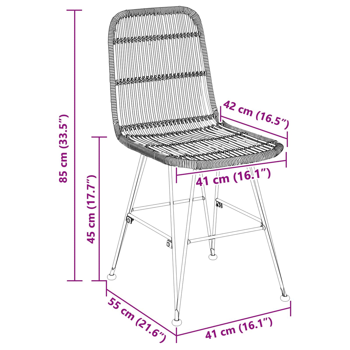 Stolica za blagovanje 2 pcs Crna 41 x 55 x 85 cm Ratan i Čelik