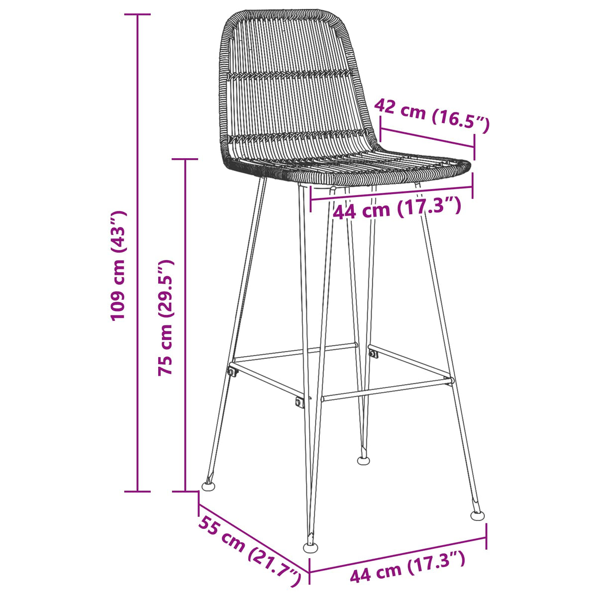 Barska stolica 2 pcs Crna 44 x 55 x 109 cm Ratan i Čelik