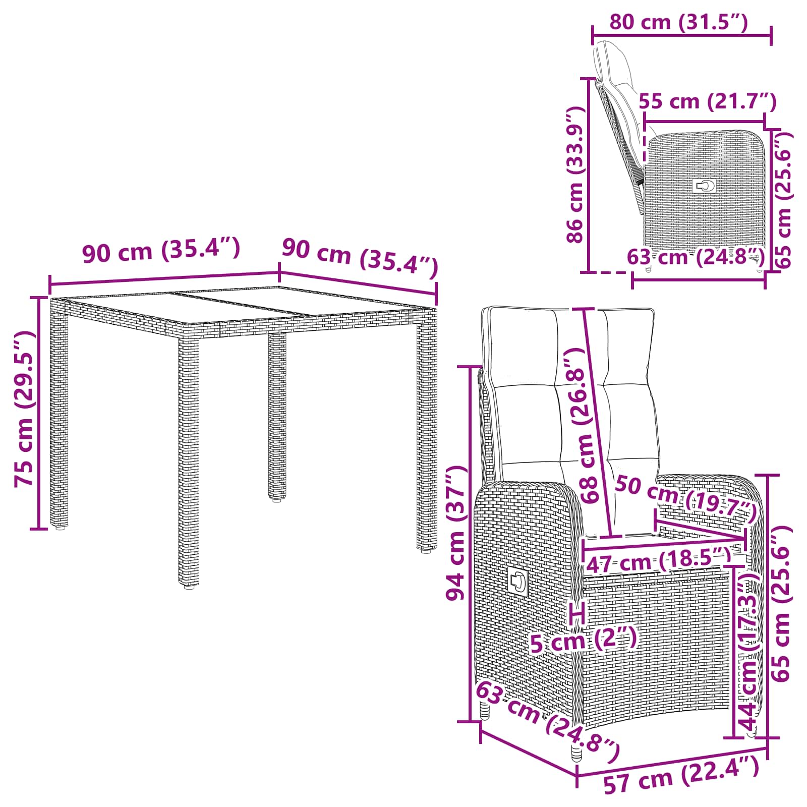 Vanjski set za objedovanje 3 pcs Crna i krem-bijela