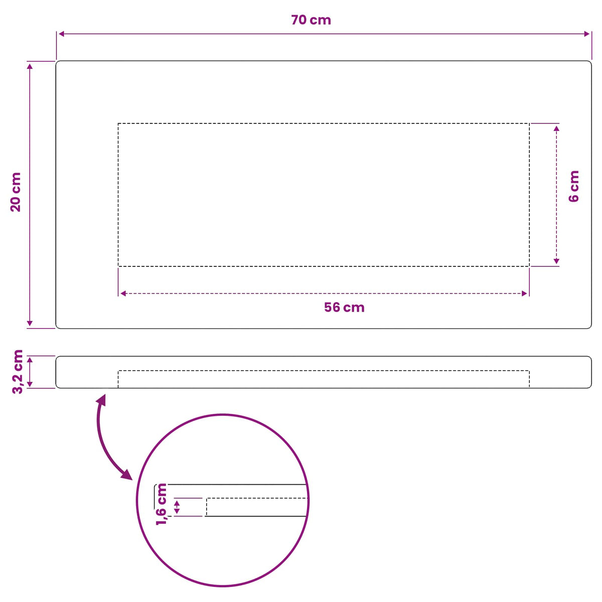 Pravokutni stolni vrh 70 x 20 x 3,2 cm Pravokutni