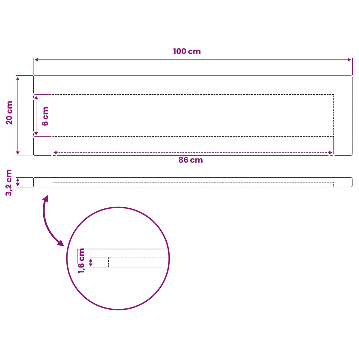 Pravokutni stolni vrh 100 x 20 x 3,2 cm Pravokutni
