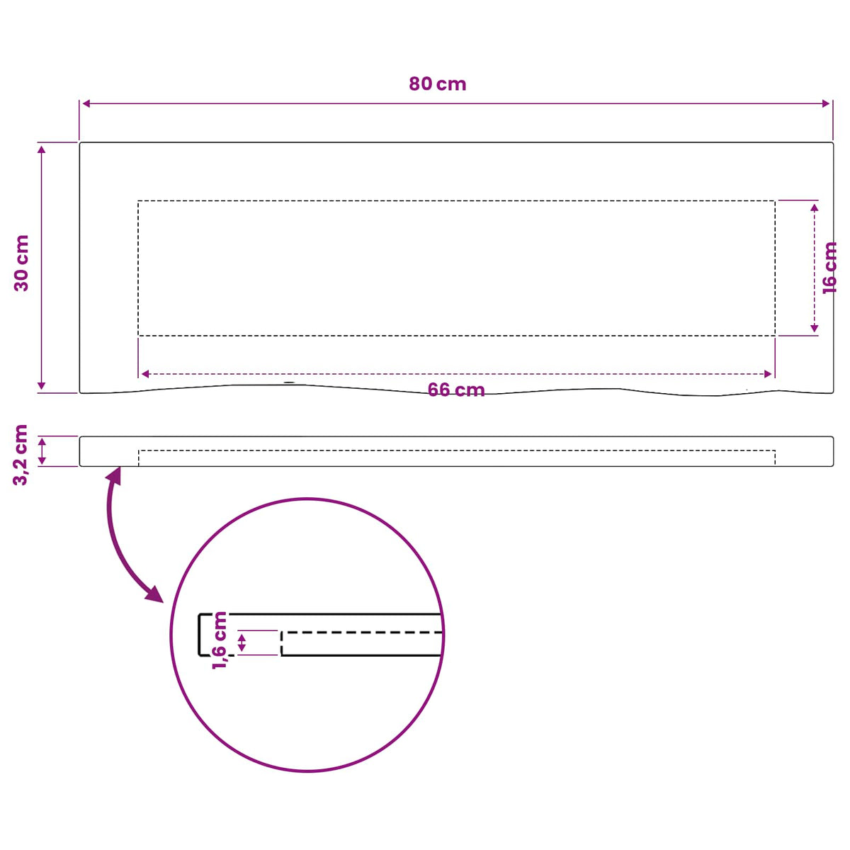 Pravokutni stolni vrh 80 x 30 x 3,2 cm Pravokutni