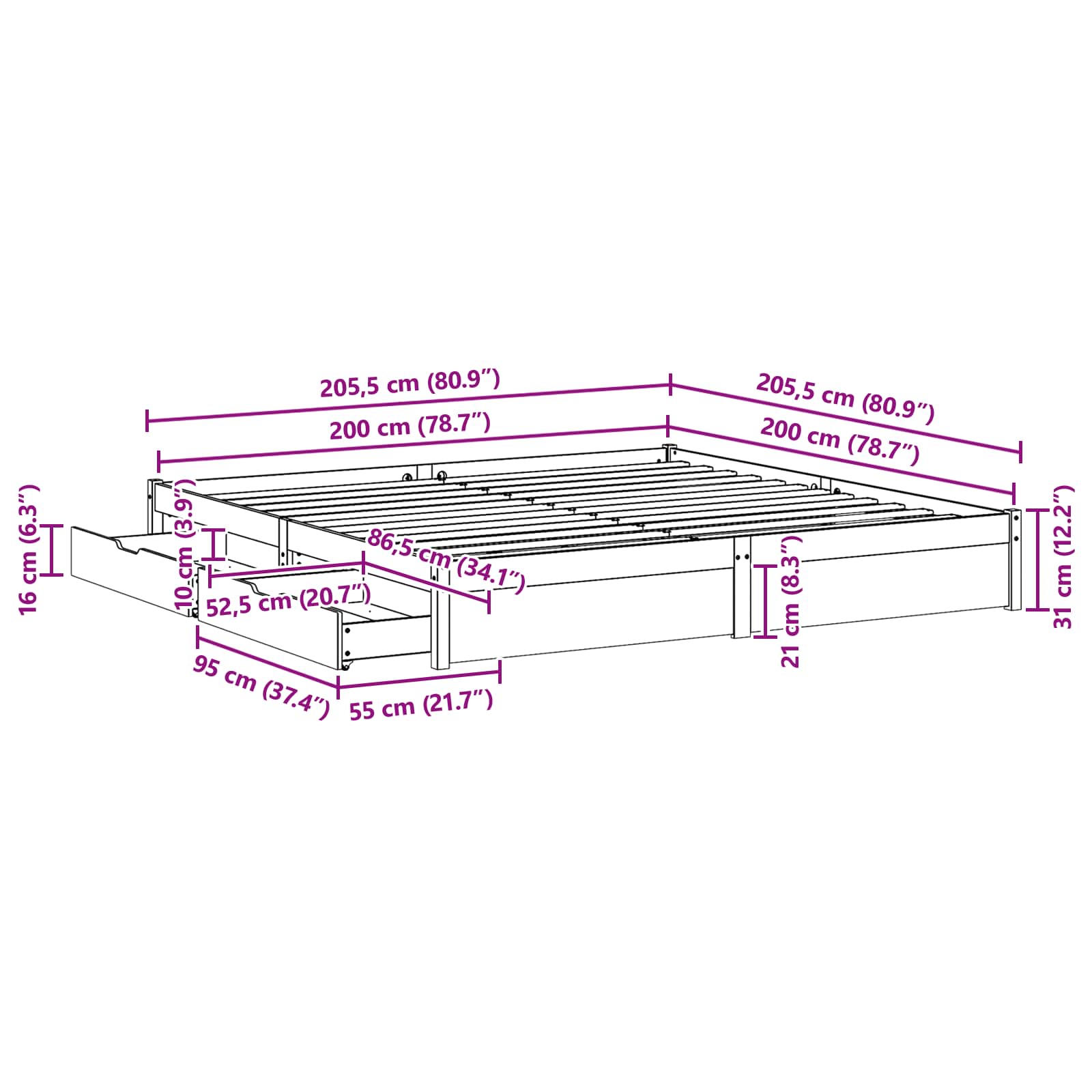 Krevetna konstrukcija s ladicama Vosak smeđa 200 x 200 cm