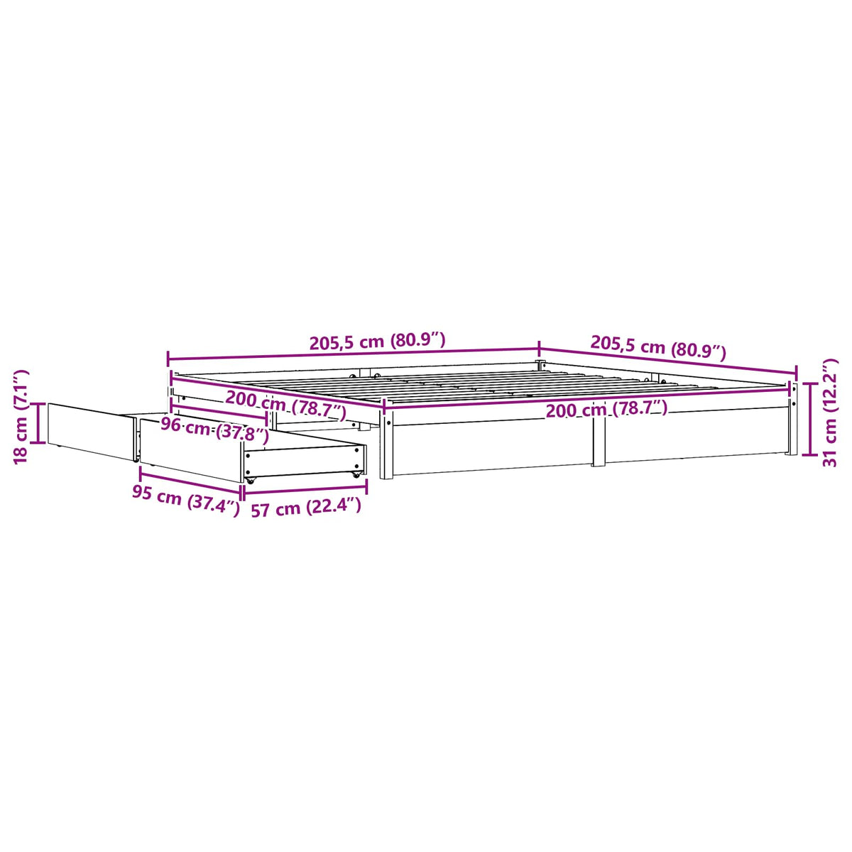 Krevetna konstrukcija s ladicama Vosak smeđa 200 x 200 cm