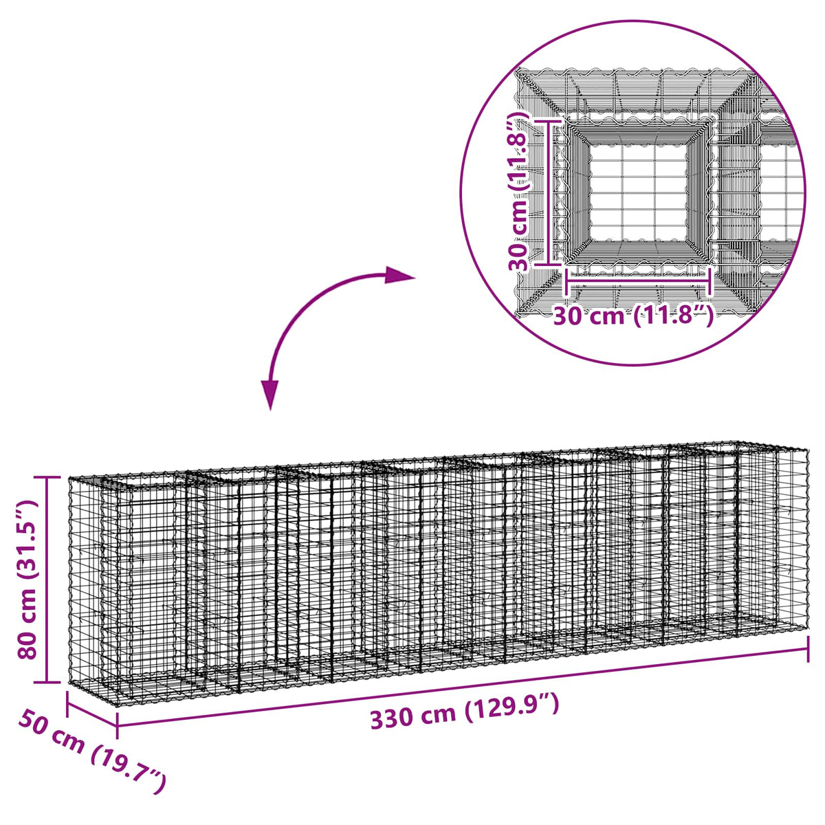 Gabionski uzdignuti krevet 2 pcs Srebrno 330 x 50 x 80 cm