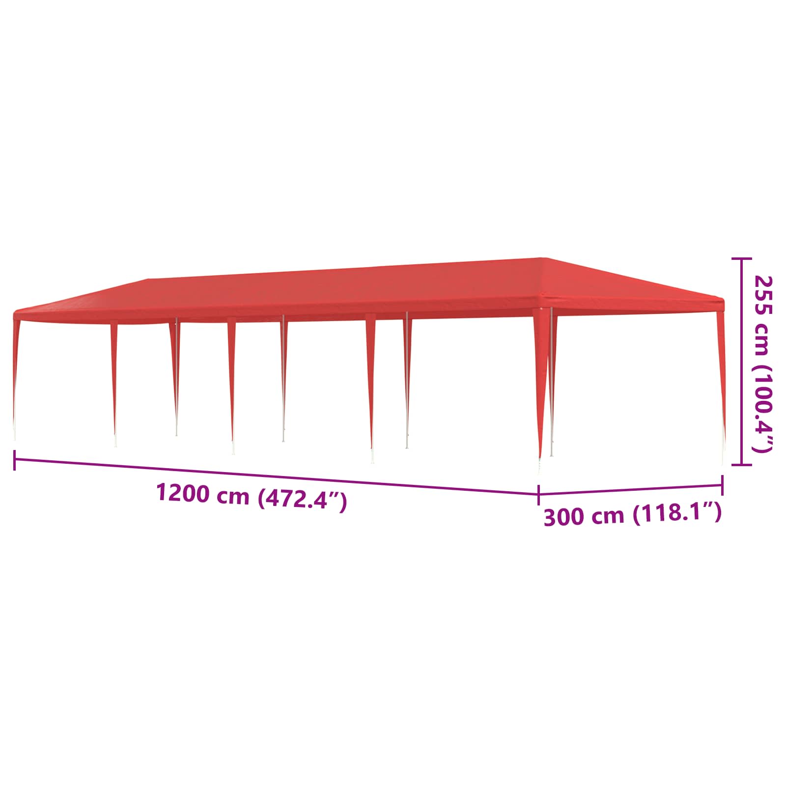 Šator za zabave Crvena 1200 x 300 x 255 cm PE i čelik