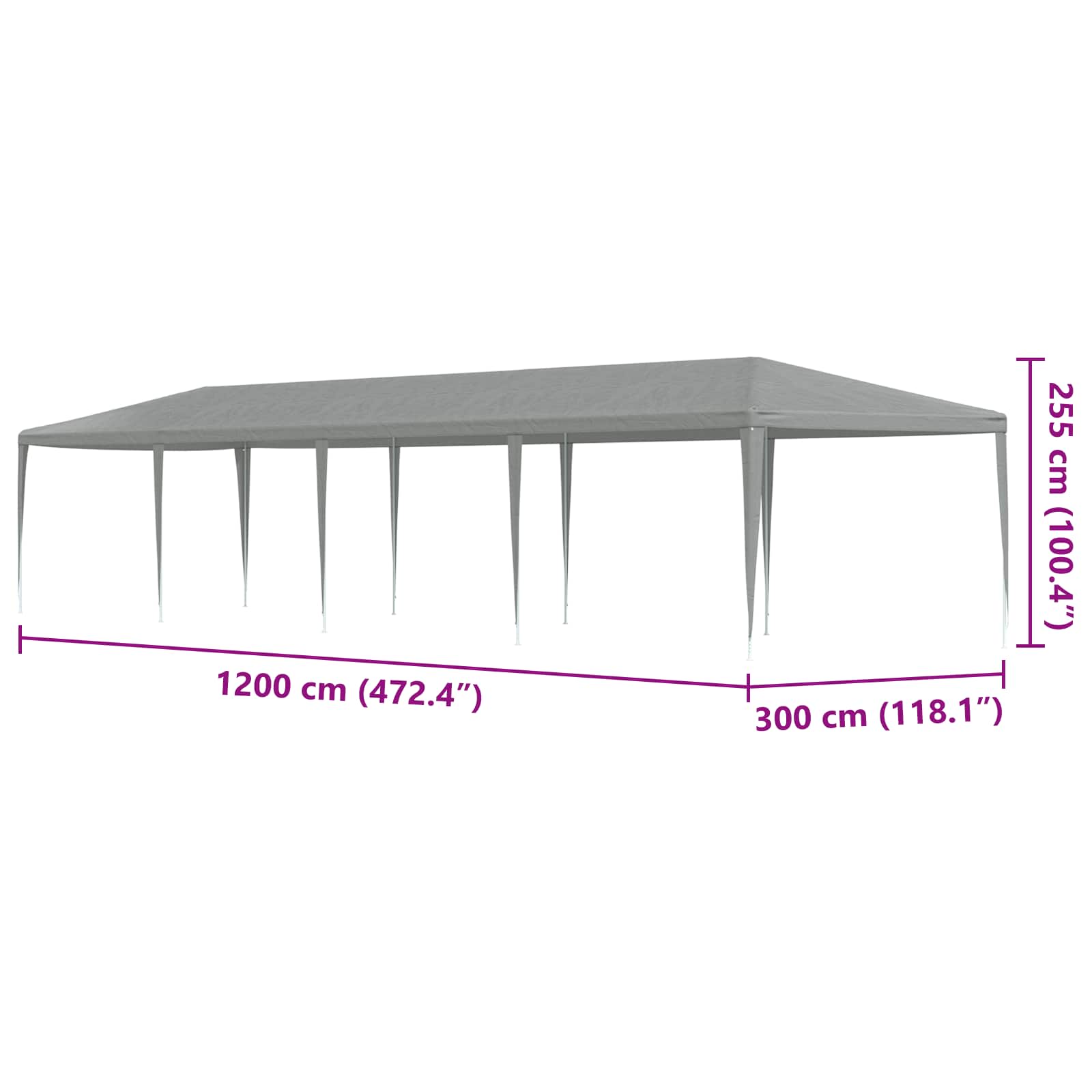 Šator za zabave Svijetlo siva 1200 x 300 x 255 cm PE i čelik