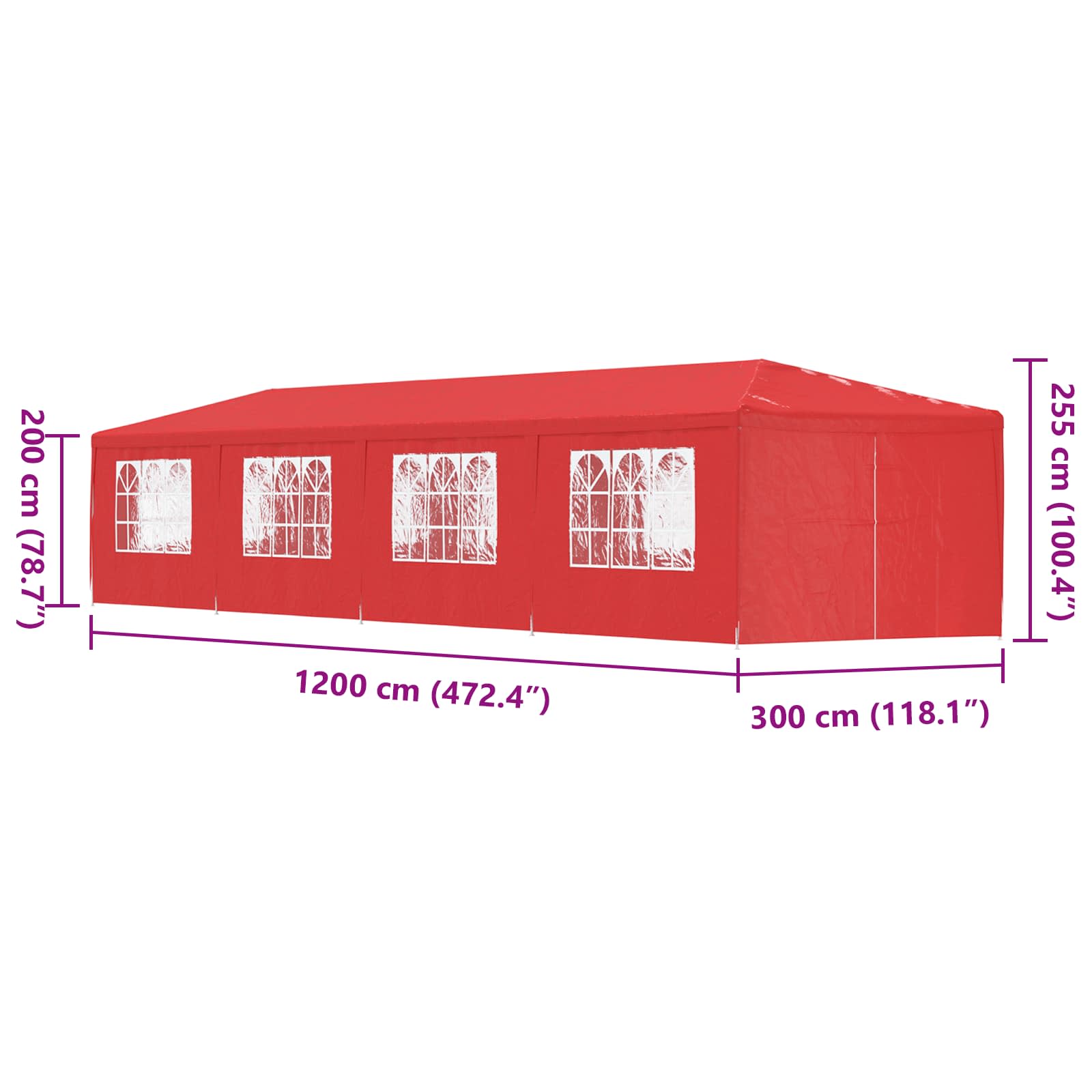 Šator za zabave 1200 x 300 x 255 cm Crvena PE i čelik