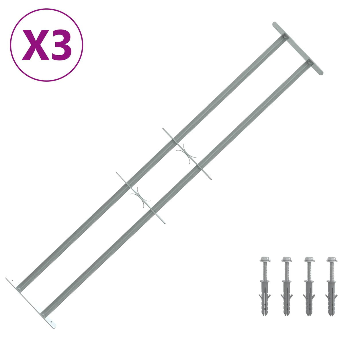 Rešetka za sigurnost prozora s 2 prekrižena nosača 3 kom. Srebrna 930-1740 mm