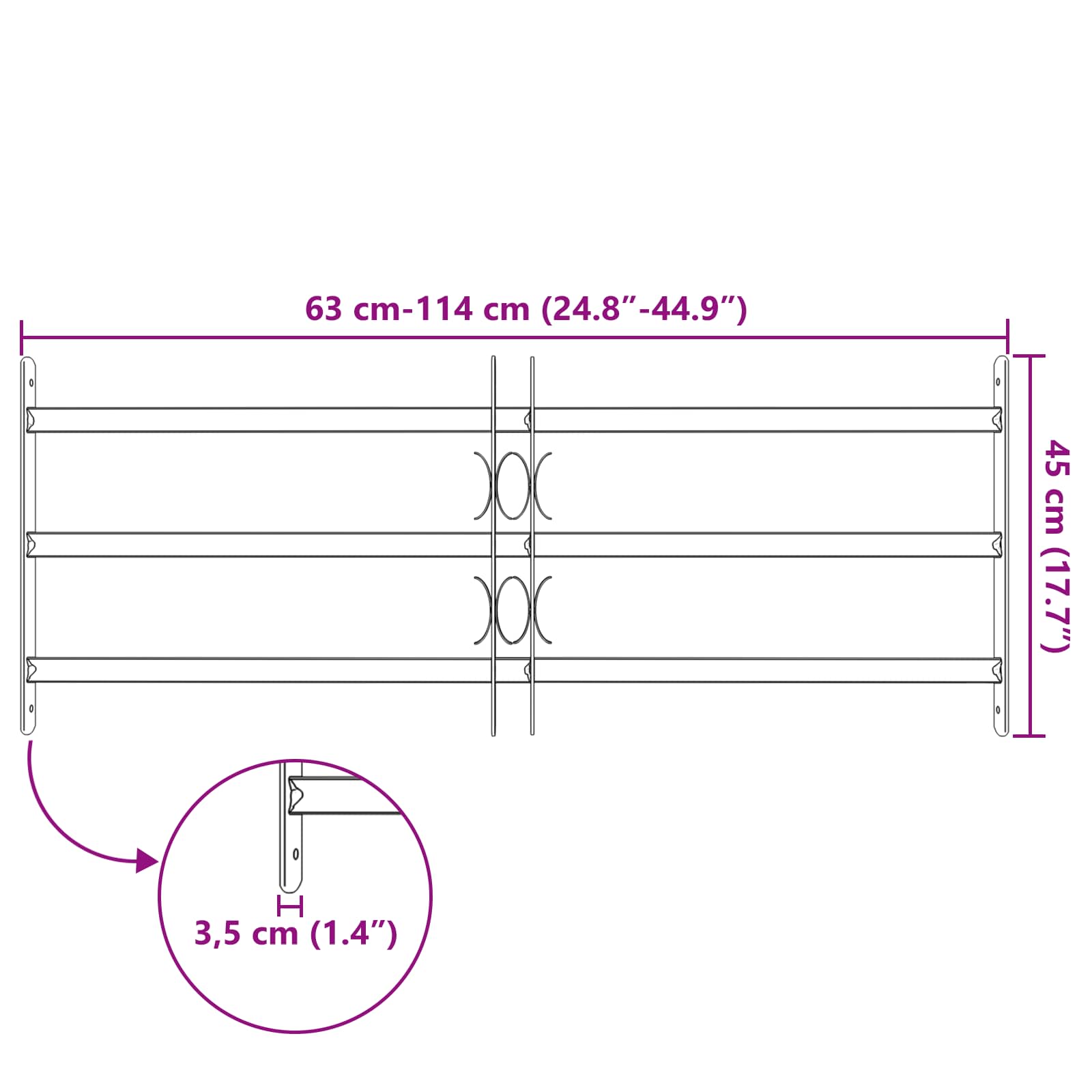 Sigurnosna rešetka za prozore s 3 poprečna okvira 63-114 cm
