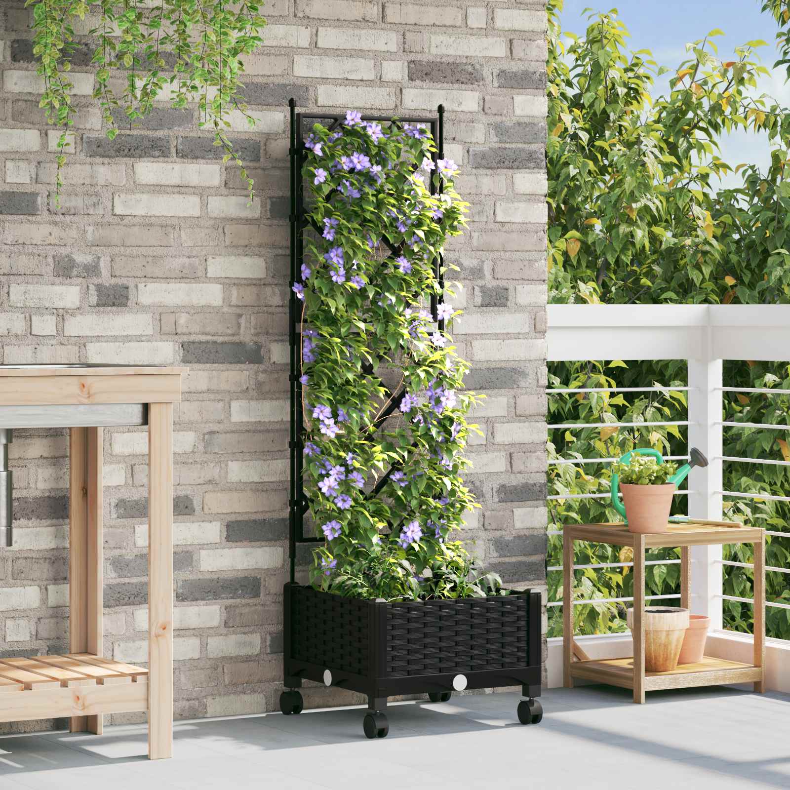 Vrtni saksija s rešetkom i kotačima Crna 40 x 40 x 131,5 cm PP
